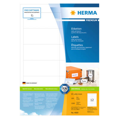 HERMA Permanent Labels PREMIUM A4 97x42.3 mm 100 Sheets