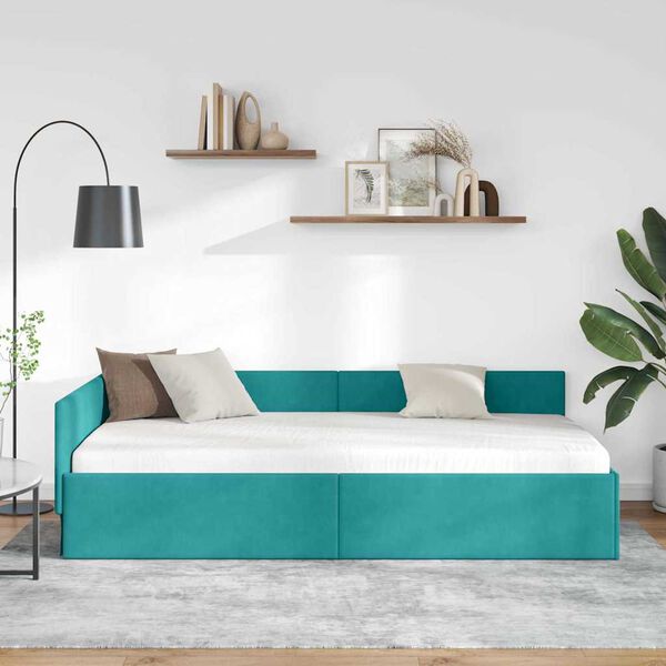 vidaXL Corner Bed Frame with Headboard Turquoise 90 cm x 190 cm Velvet