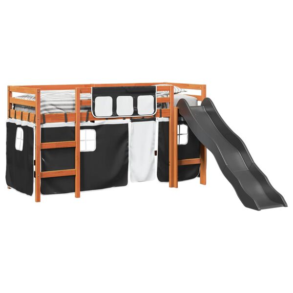 vidaXL Kids' Loft Bed with Curtains White&Black 80x200 cm Solid Wood Pine