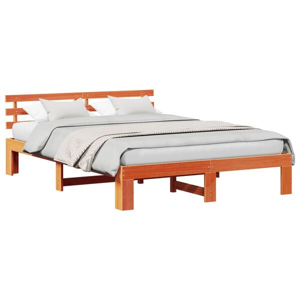 vidaXL Bed Frame with Headboard Wax Brown 160 x 200 cm Solid Pine Wood