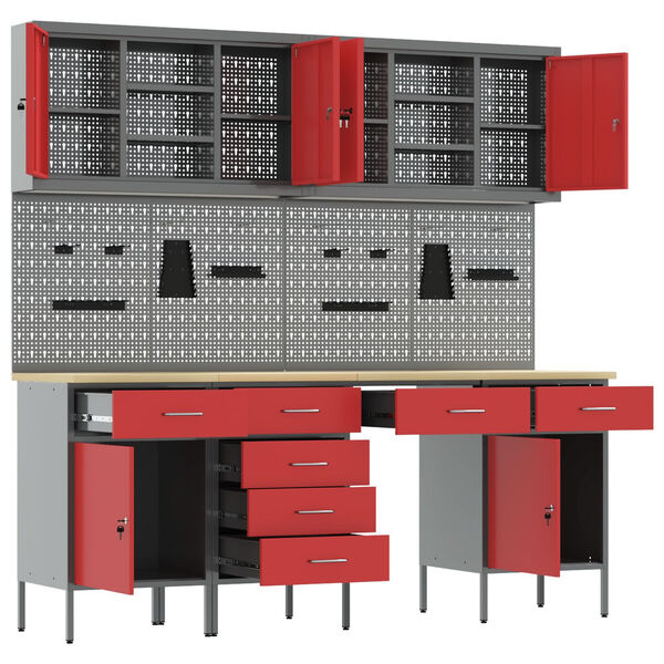 vidaXL Work Bench with Drawer 10 pcs Red 200 x 55 x 200 cm Steel