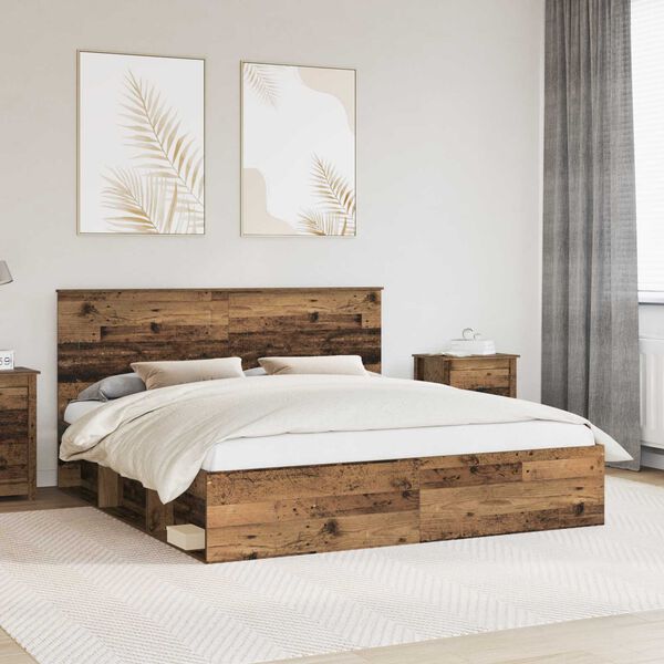 vidaXL Bed Frame with Headboard Old Wood 200 x 200 cm Solid Pine Wood