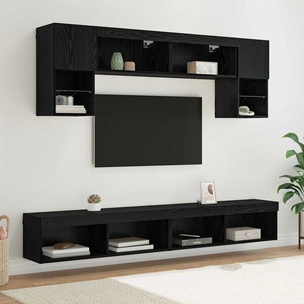 vidaXL TV Wall Units with LED 6 pcs Black Oak Engineered Wood