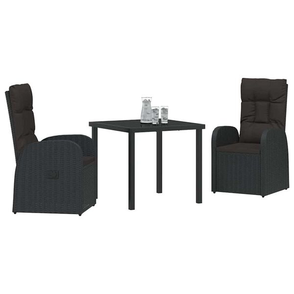 vidaXL Garden Dining Set with Cushion 3 pcs Black Poly Rattan