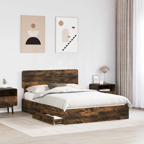 vidaXL Storage Bed with Drawer Smoked Oak 160 x 200 cm Engineered Wood