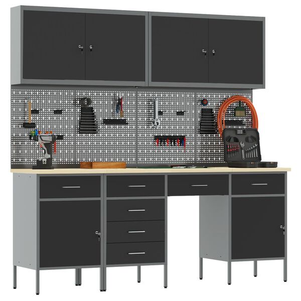 vidaXL Work Bench with Drawer 10 pcs Black 200 x 55 x 200 cm Steel