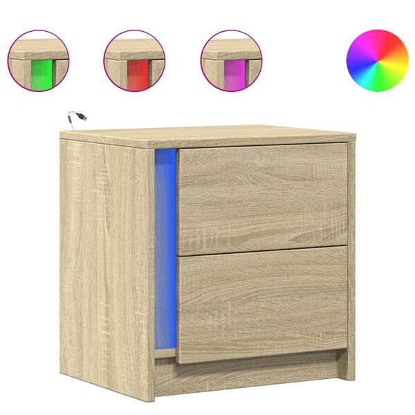vidaXL Bedside Cabinet with LED Lights Sonoma Oak Engineered Wood