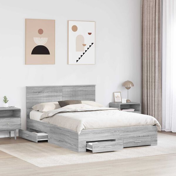 vidaXL Bed Frame with Drawer Grey Sonoma 135 x 190 cm Engineered Wood