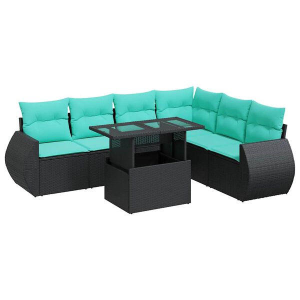 vidaXL 7 Piece Garden Sofa Set with Cushions Black Poly Rattan Acacia