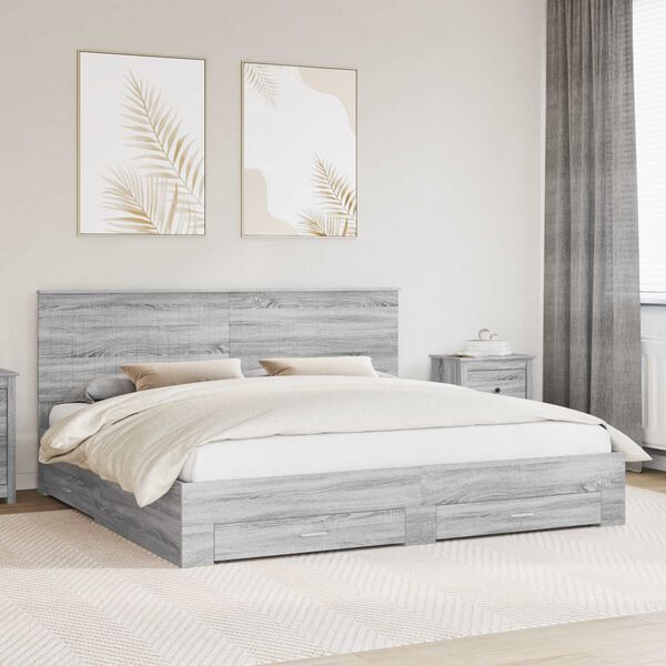 vidaXL Bed Frame with Drawer Grey Sonoma 200 x 200 cm Engineered Wood