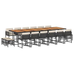 vidaXL 17 Piece Garden Dining Set with Cushions Black Poly Rattan