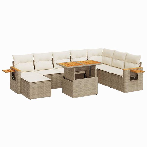 vidaXL 9 Piece Garden Sofa Set with Cushions Beige Poly Rattan Acacia