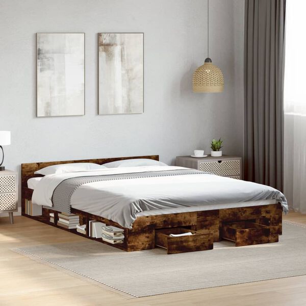 vidaXL Bed Frame with Drawers without Mattress Smoked Oak 135x190 cm Double