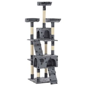 vidaXL Cat Tree | Grey with paw prints | Particle board, Plush, Sisal rope