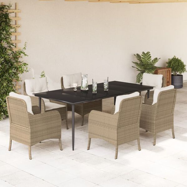 vidaXL 7 Piece Garden Dining Set with Cushions Beige Poly Rattan
