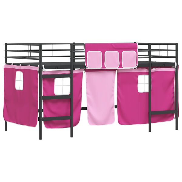 vidaXL Kids'Loft Bed Frame with Curtains Black and Pink 107 x 200 cm