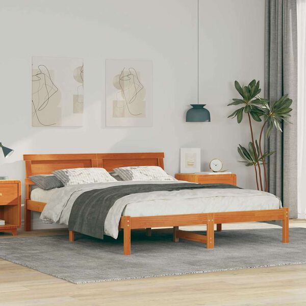 vidaXL Bed Frame with Headboard Wax Brown 160 x 200 cm Solid Pine Wood