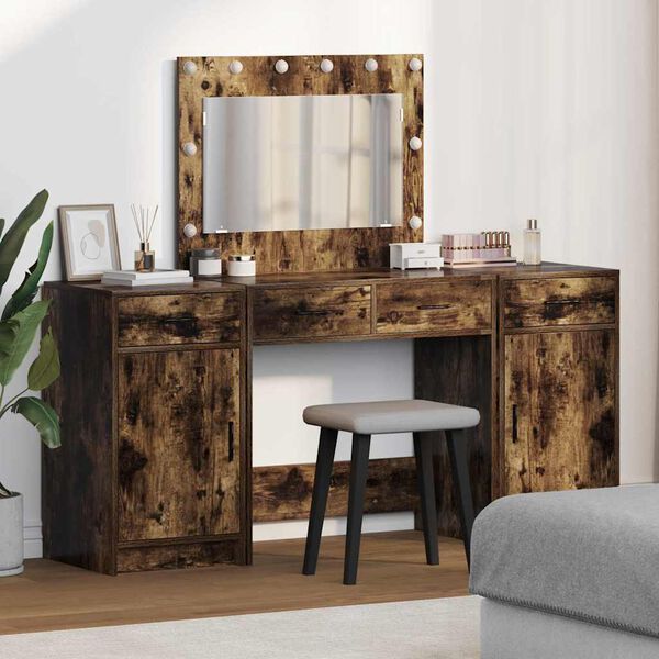 vidaXL Dressing Table with Mirror Lights 3 pcs Brown Engineered Wood