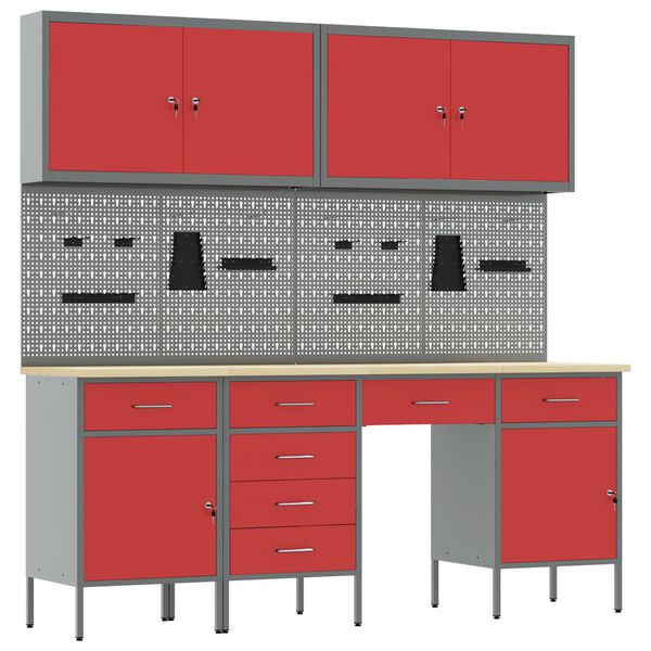vidaXL Work Cabinet with Drawer 10 pcs Red Engineered Wood and Steel