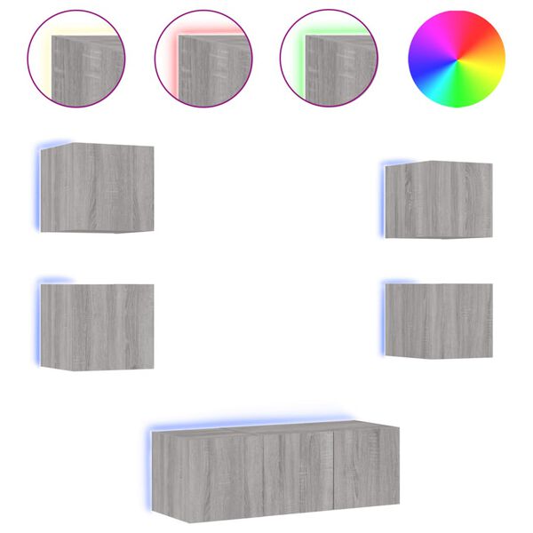 vidaXL 6 Piece TV Wall Units with LED Grey Sonoma Engineered Wood