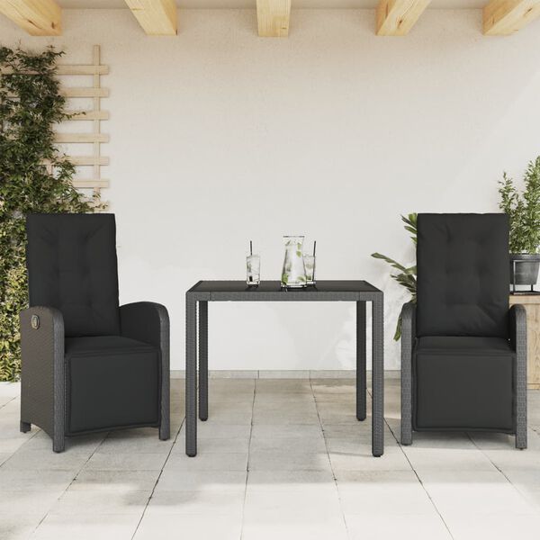 vidaXL 3 Piece Bistro Set with Cushions Black Poly Rattan