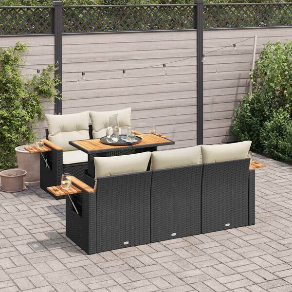 vidaXL 6 Piece Garden Sofa Set with Cushions Black Poly Rattan Acacia