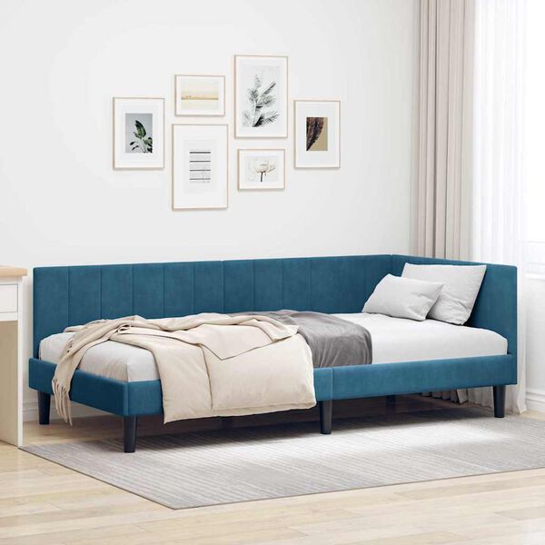 vidaXL Corner Bed Frame with Headboard Blue 90 cm x 200 cm Velvet