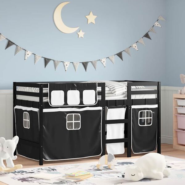vidaXL Kids' Loft Bed with Curtains without Mattress White&Black 80x200 cm
