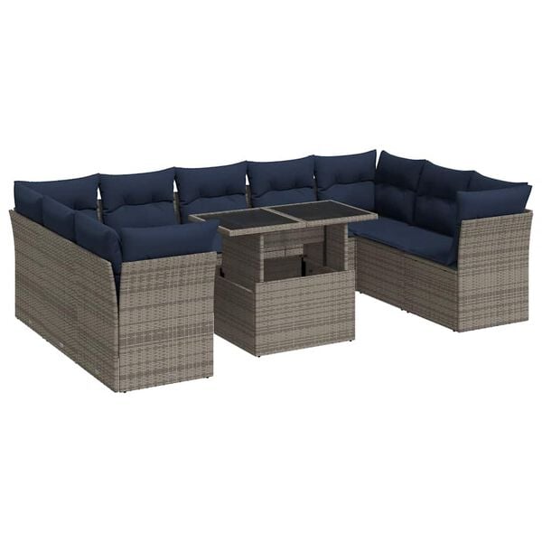 vidaXL 10 Piece Garden Sofa Set with Cushions Grey Poly Rattan Acacia
