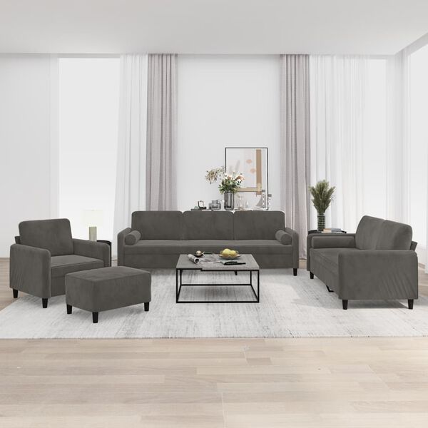 vidaXL 4 Piece Sofa Set with Throw Pillows&Cushions Dark Grey Velvet