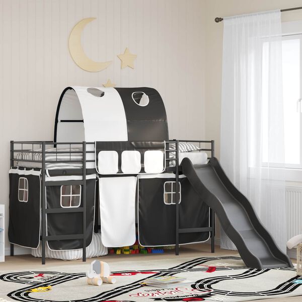 vidaXL Kids'Loft Bed Frame with Curtains, Arch, Slide Black