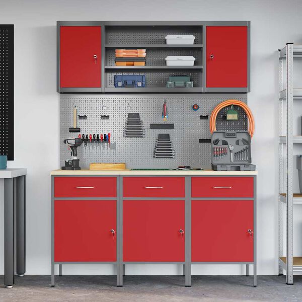 vidaXL Work Cabinet with Drawer 7 pcs Red Engineered Wood and Steel