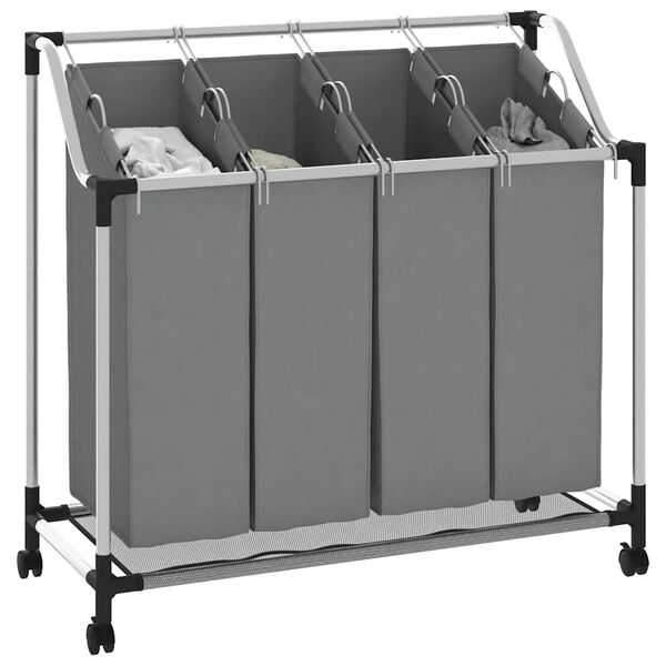 vidaXL Laundry Basket with Wheels 4 Compartments Grey