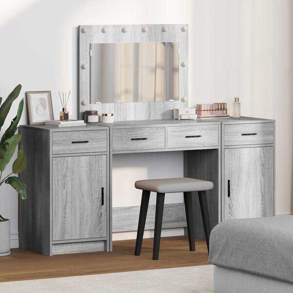 vidaXL Dressing Table with Mirror Lights 3 pcs Grey Engineered Wood