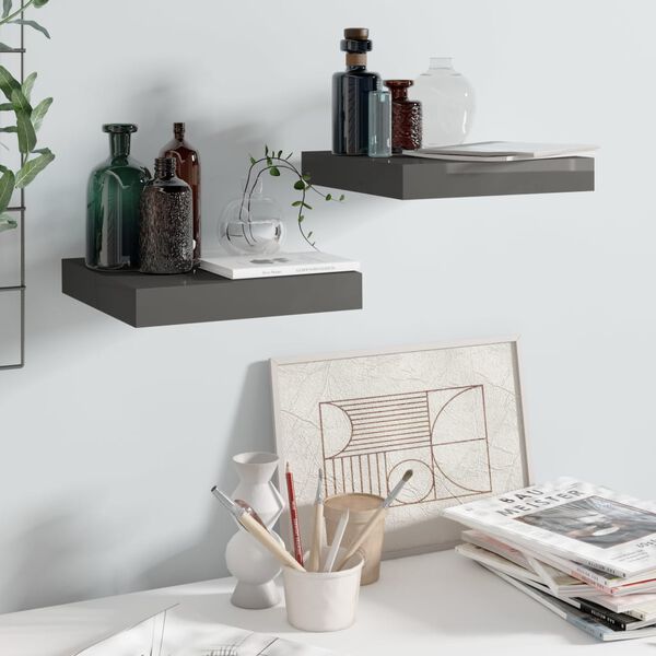 vidaXL Floating Wall Shelves 2 pcs High Gloss Grey 23x23.5x3.8 cm MDF