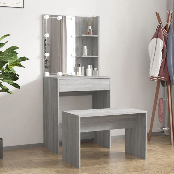 vidaXL Dressing Table Set with LED Grey Sonoma Engineered Wood
