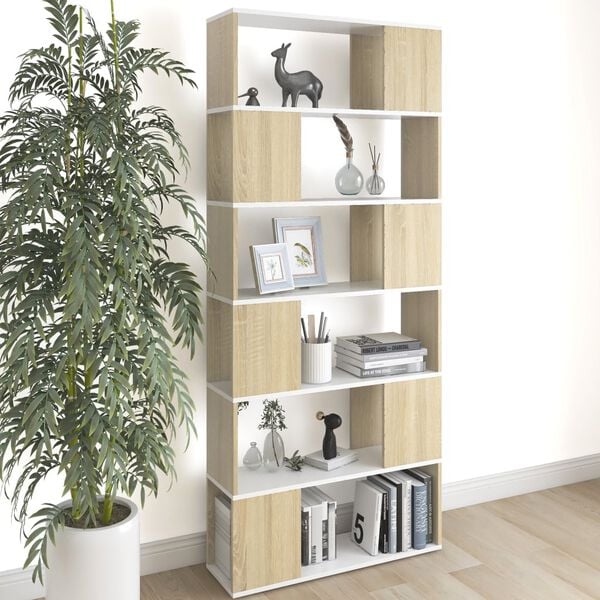 vidaXL Book Cabinet Room Divider White and Sonoma Oak 80x24x186 cm Engineered Wood