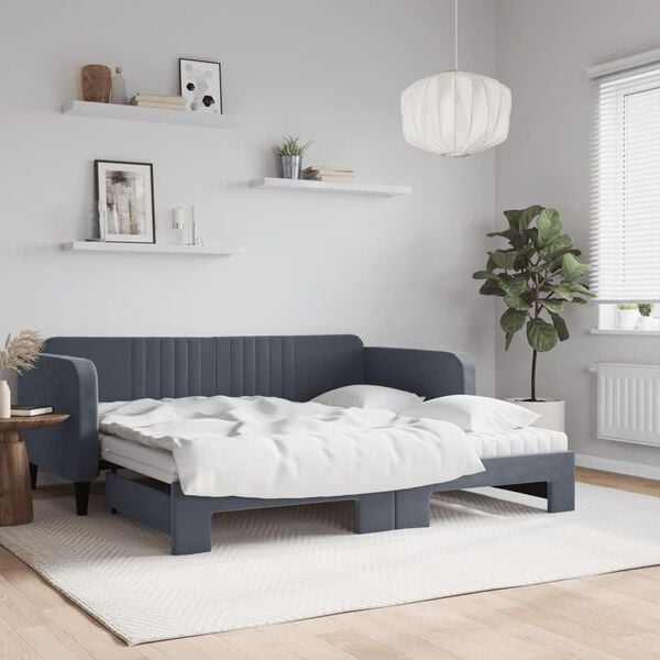 vidaXL Daybed with Trundle and Mattresses Dark Grey 90x190 cm Velvet
