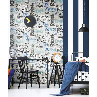 Noordwand Wallpaper Friends & Coffee Graffity Print Grey and Blue