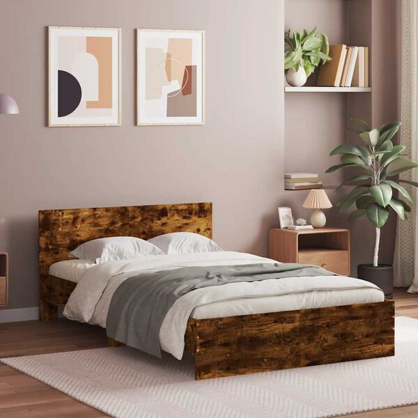 vidaXL Bed Frame with Headboard and LED Smoked Oak 140x200 cm