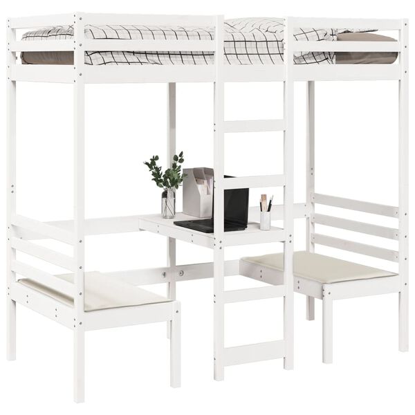 vidaXL Loft Bed Frame with Desk and Chairs White 90x190cm Solid Wood Pine