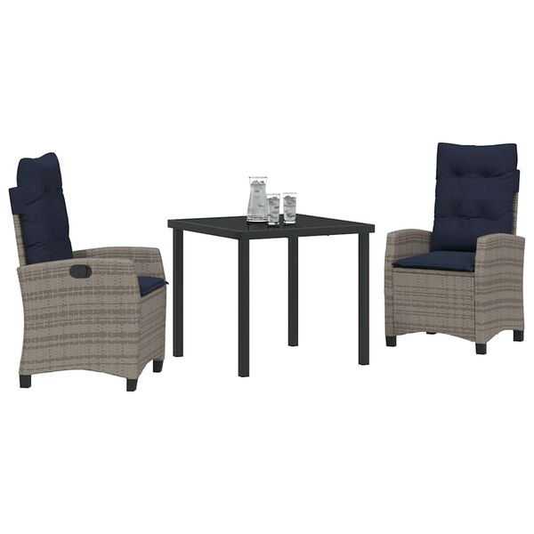 vidaXL Garden Dining Set with Cushion 3 pcs Grey Poly Rattan