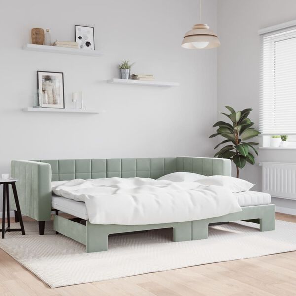 vidaXL Daybed with Trundle and Mattresses Light Grey 90x190 cm Velvet