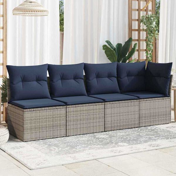 vidaXL Garden Sofa with Cushion Grey 227 x 62 x 69cm Poly Rattan