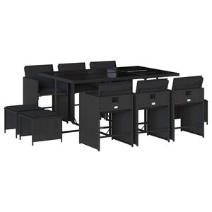 vidaXL 11 Piece Garden Dining Set with Cushions Black Poly Rattan