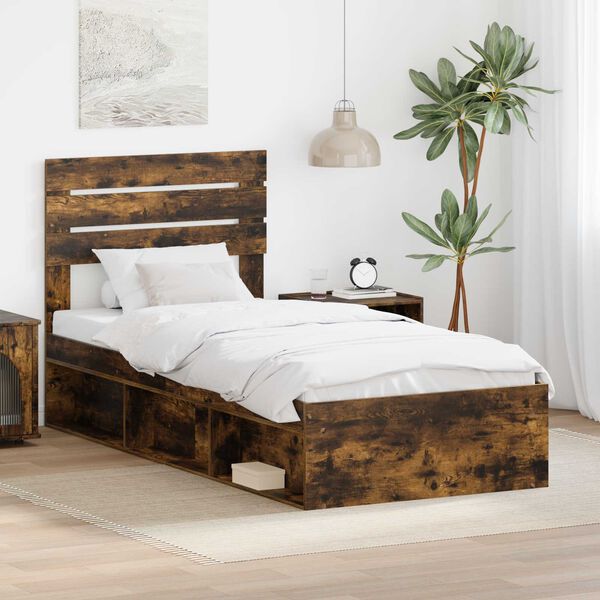 vidaXL Bed Frame with Headboard Smoked Oak 75 x 190 cm Solid Pine Wood