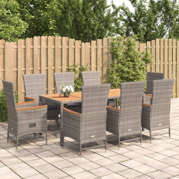 vidaXL 9 Piece Garden Dining Set Grey Poly Rattan&Solid Wood Acacia