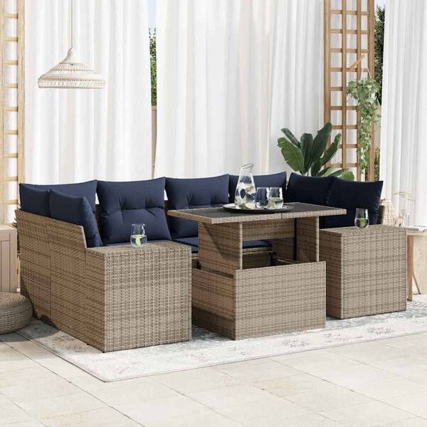 vidaXL 7 Piece Garden Sofa Set with Cushions Grey Poly Rattan Acacia