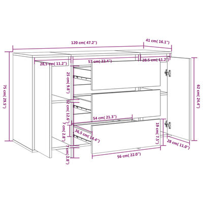 vidaXL Sideboard with 3 Drawers High Gloss White 120x41x75 cm Engineered Wood