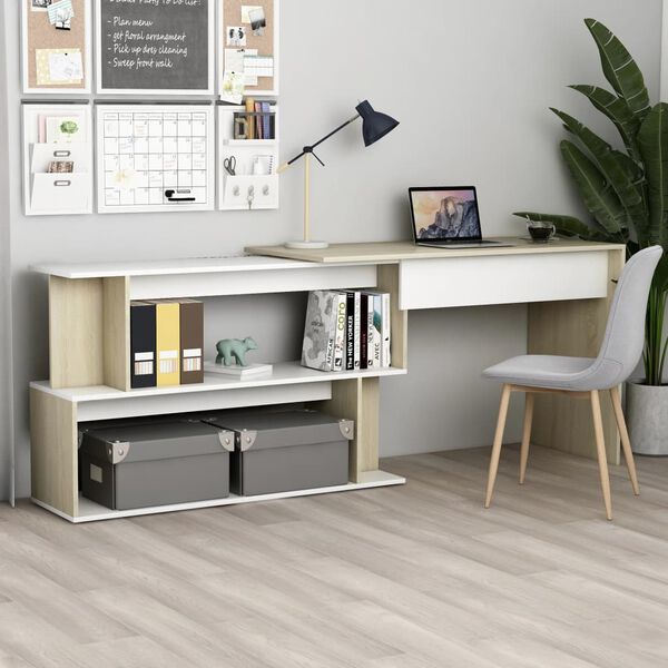 vidaXL Corner Desk White and Sonoma Oak 200x50x76 cm Engineered Wood